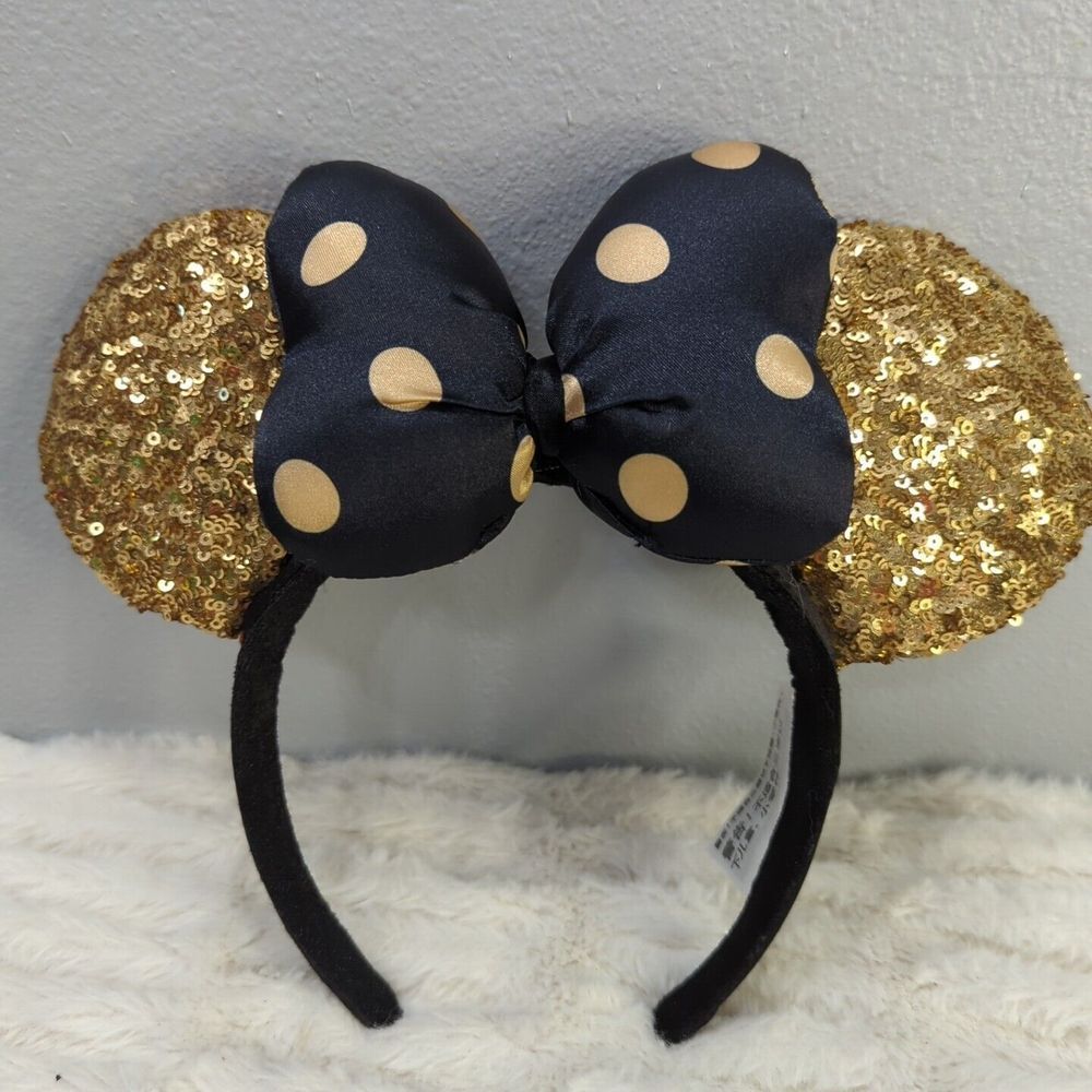 Disney Parks Minnie Mouse Gold Sequin Ear Headband Black & Gold Polka Dot Bow